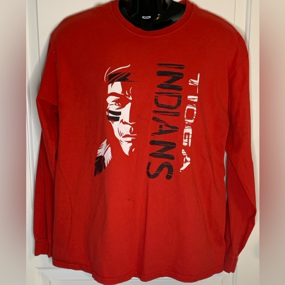 Large Unisex Long Sleeve Red T-Shirt, Tioga Indians Spirit Top, Preloved